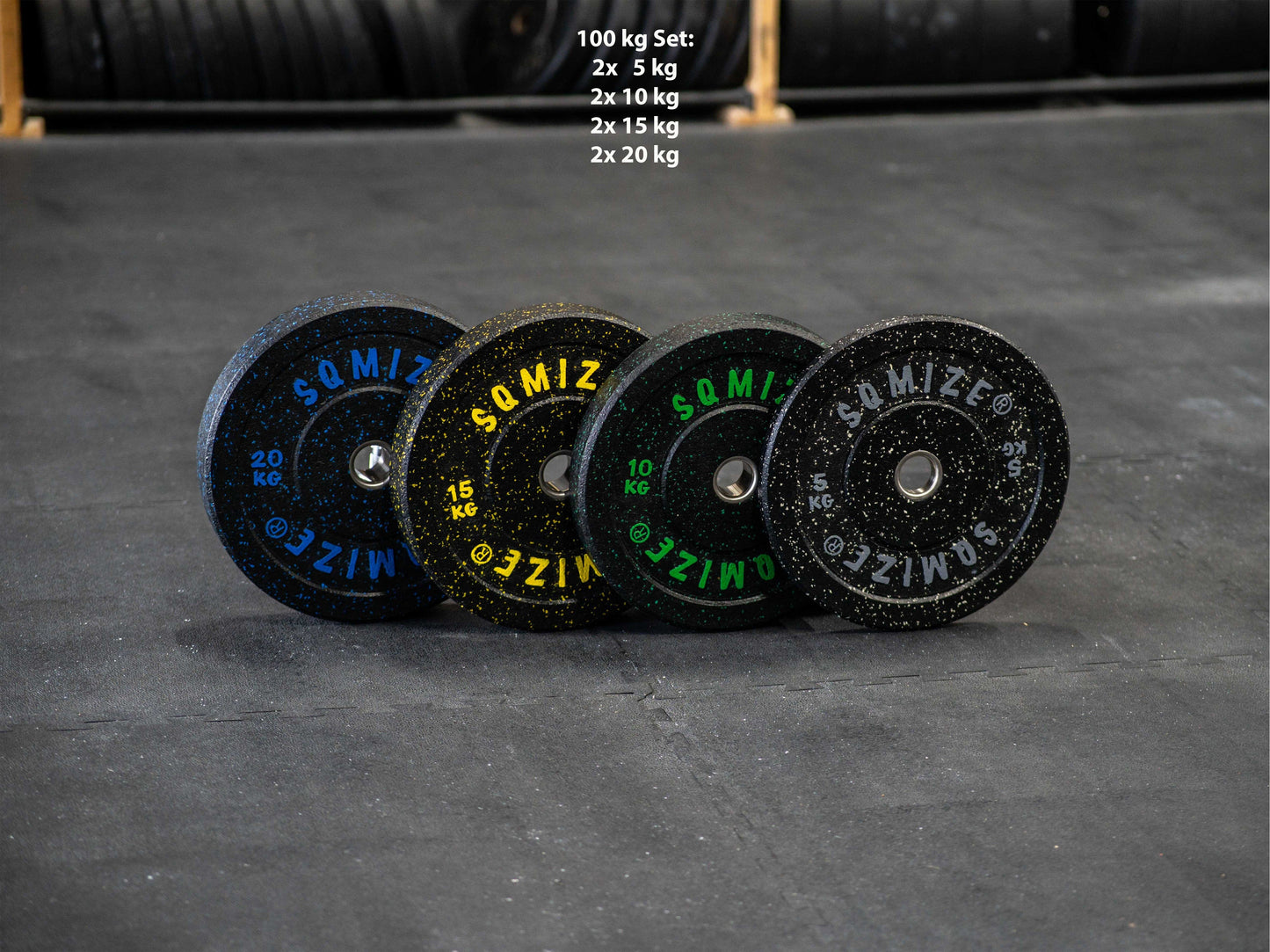 High-tempered Bumper Plate Set SQMIZE® CRBP-C, 70 - 150 kg, colorcoded www.simpleproducts.at 100 kg - Set