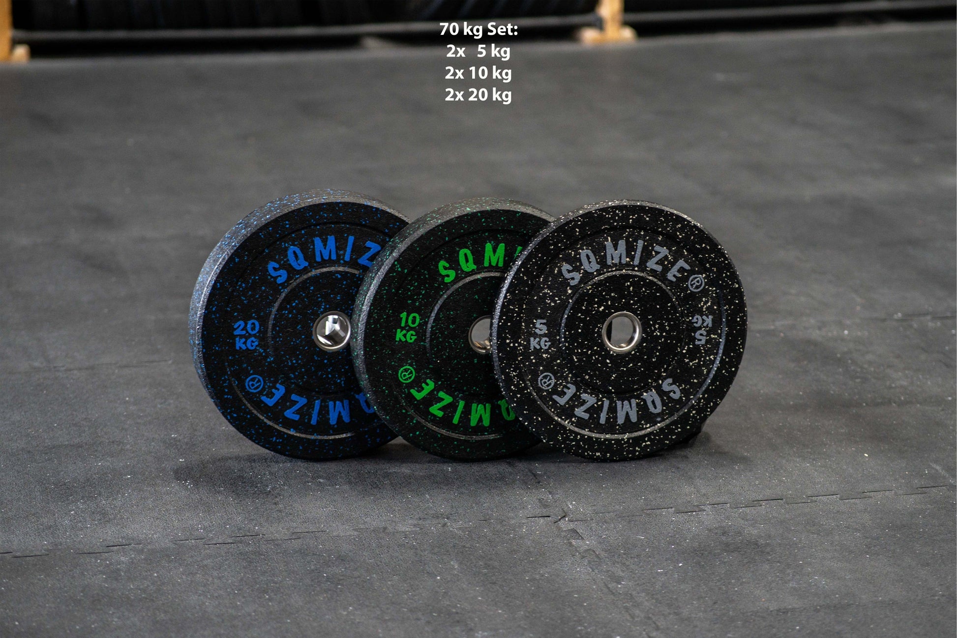 High-tempered Bumper Plate Set SQMIZE® CRBP-C, 70 - 150 kg, colorcoded www.simpleproducts.at 70 kg - Set 